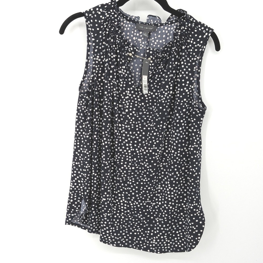 The Limited Sleeveless Blouse Women Small Blue Polka Dot Ruffle Neck Office NWT